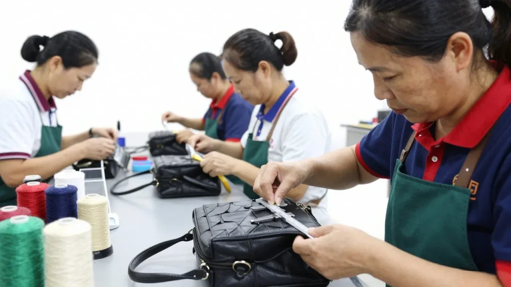 Quality control inspectors checking tote bags carefully at a bag factory​