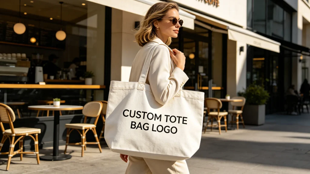 A Western model wearing a canvas tote bag with custom printed logo to showcase our bag factory's customization services.