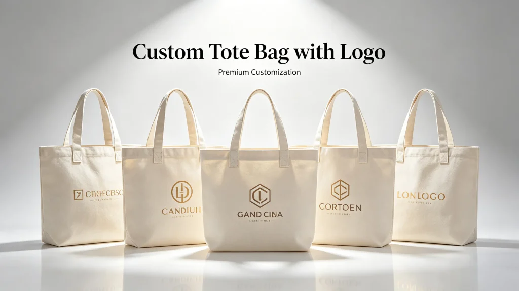 A quality control expert wearing white gloves inspects a custom canvas tote bag with a high-density embroidered brand logo, showcasing custom tote bag logo capabilities in our factory.