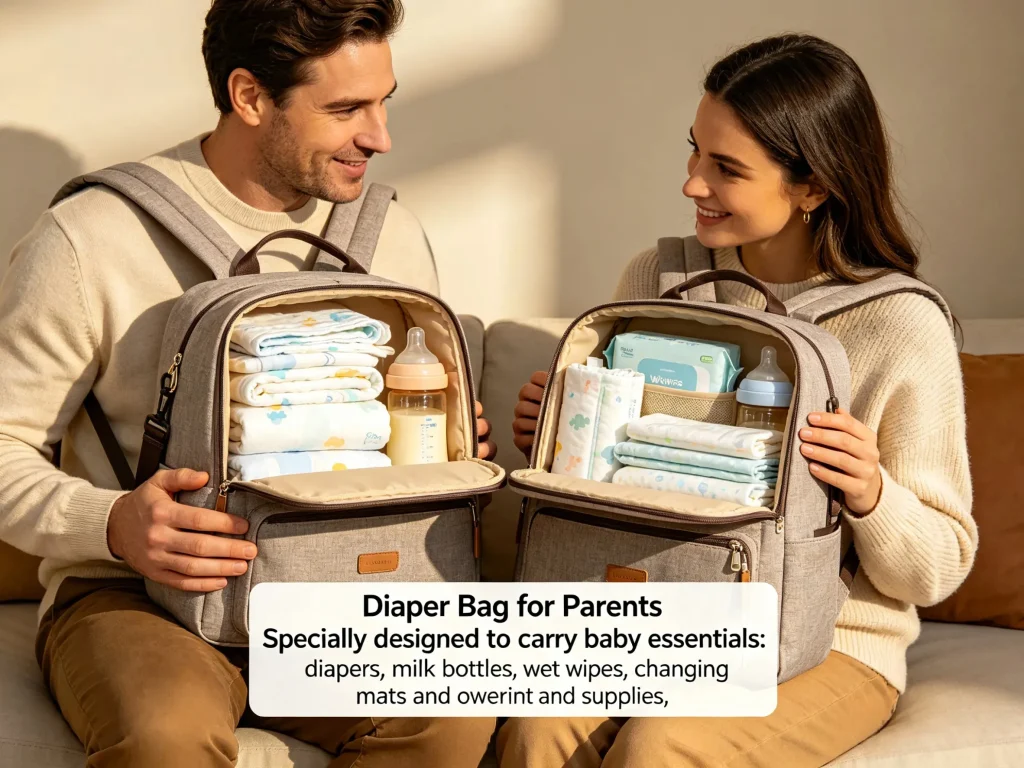 A mother and a father each wearing a functional diaper bag packed with baby supplies, showcasing our factory's unisex design capability.