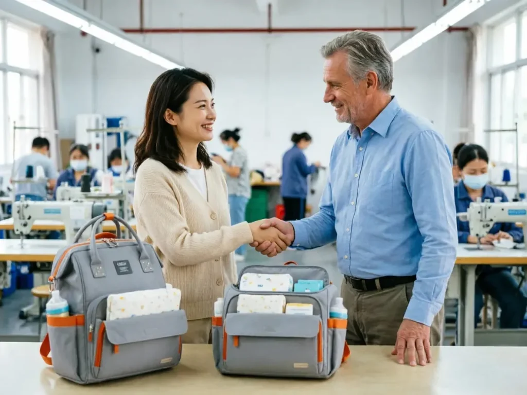 A satisfied Western buyer shaking hands with a Chinese factory representative during a quality inspection for custom diaper bags in Guangzhou.