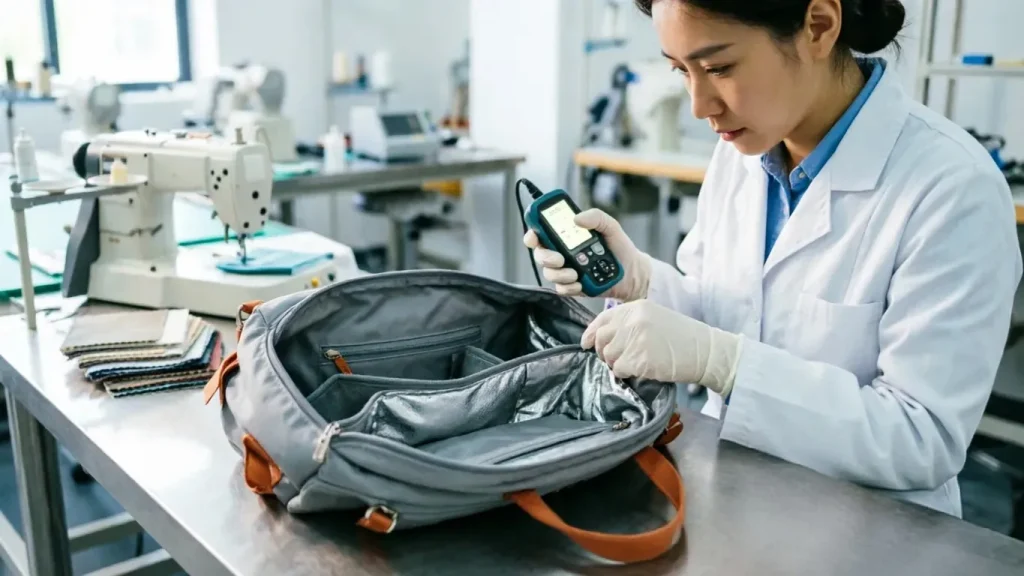 Professional factory QC inspector conducting a strict quality control check on an empty multi-functional diaper bag.