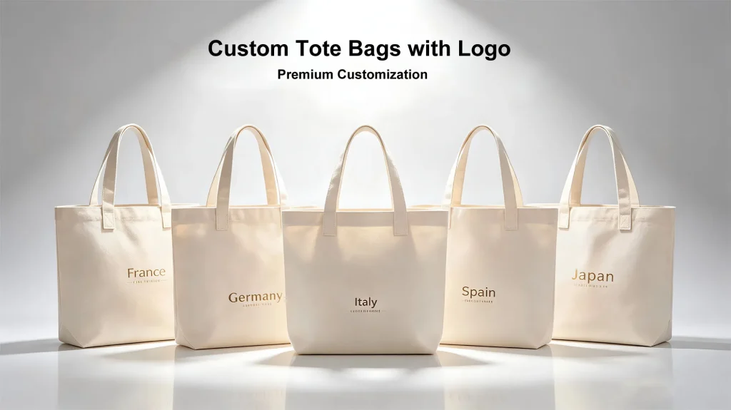 Stack of custom non-woven tote bags under soft lighting